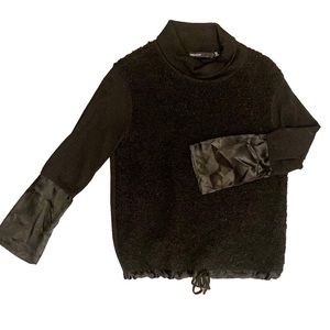 Karen Millen Boucle knit black sweater with satin sleeves size extra small